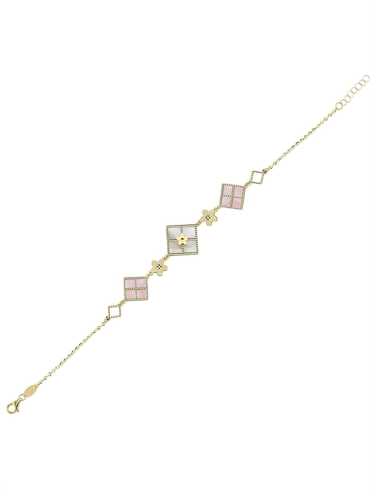 Çift Taraflı Pembe Beyaz Sedefli Altın Bileklik