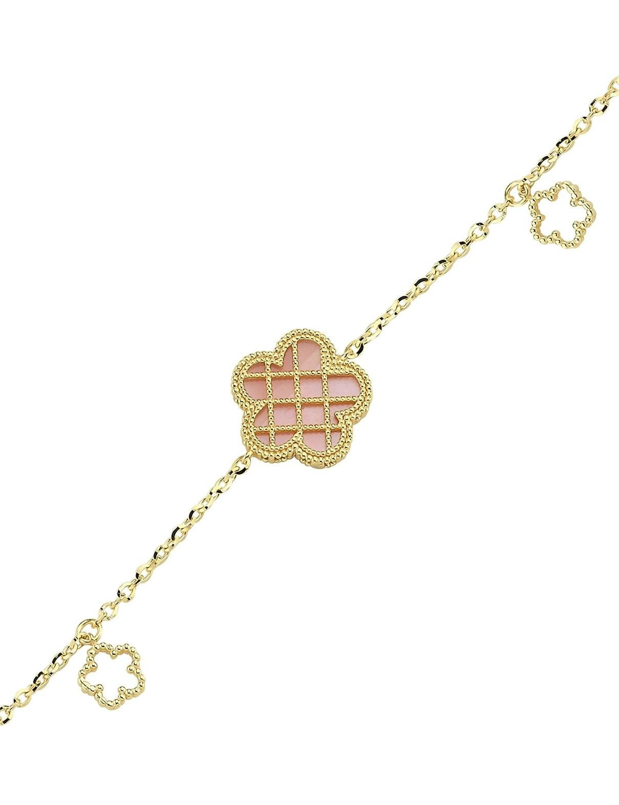 Çift Taraflı Pembe Beyaz Sedefli Kafesli Çiçek Altın Bileklik