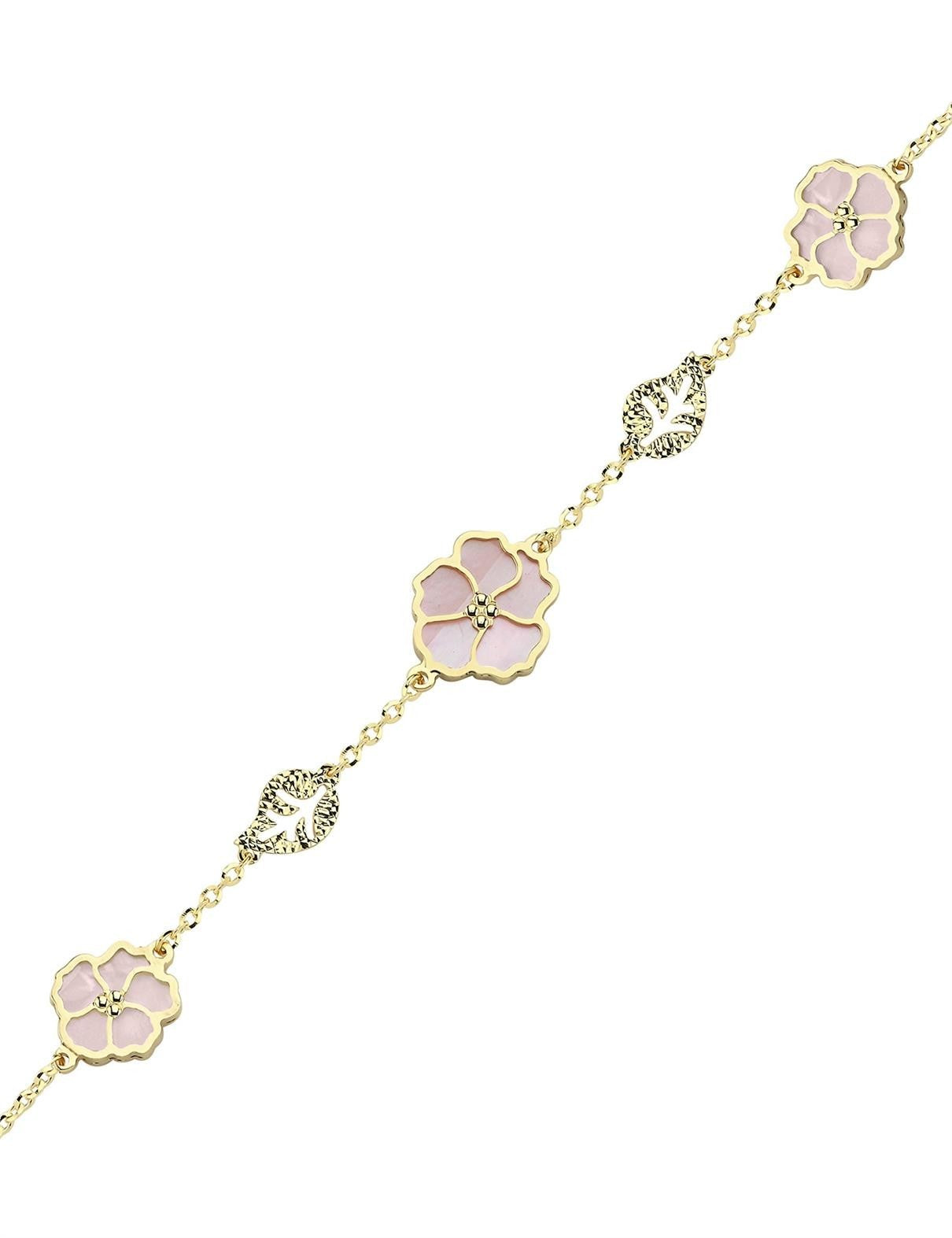 Çift Taraflı Pembe Beyaz Sedefli Altın Bileklik