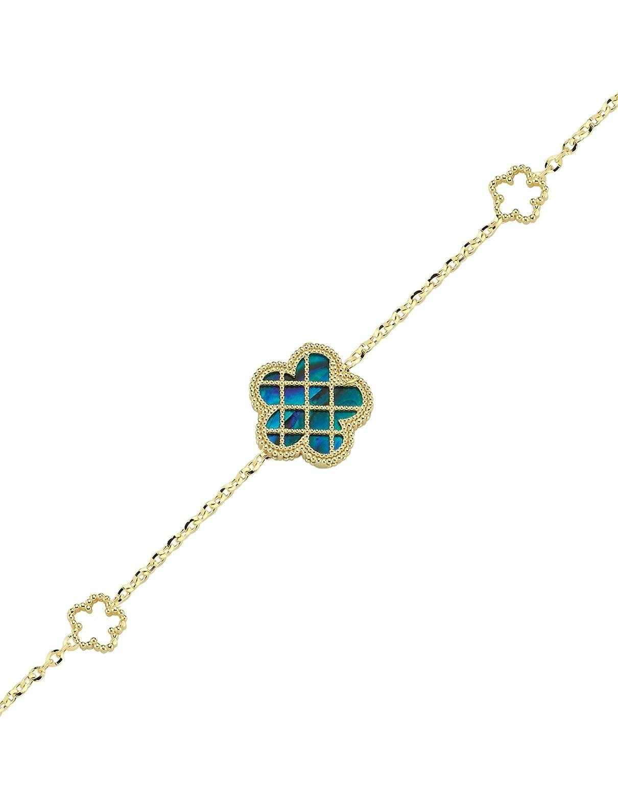 Çift Taraflı Mavi Beyaz Sedef Kafesli Çiçek Altın Bileklik