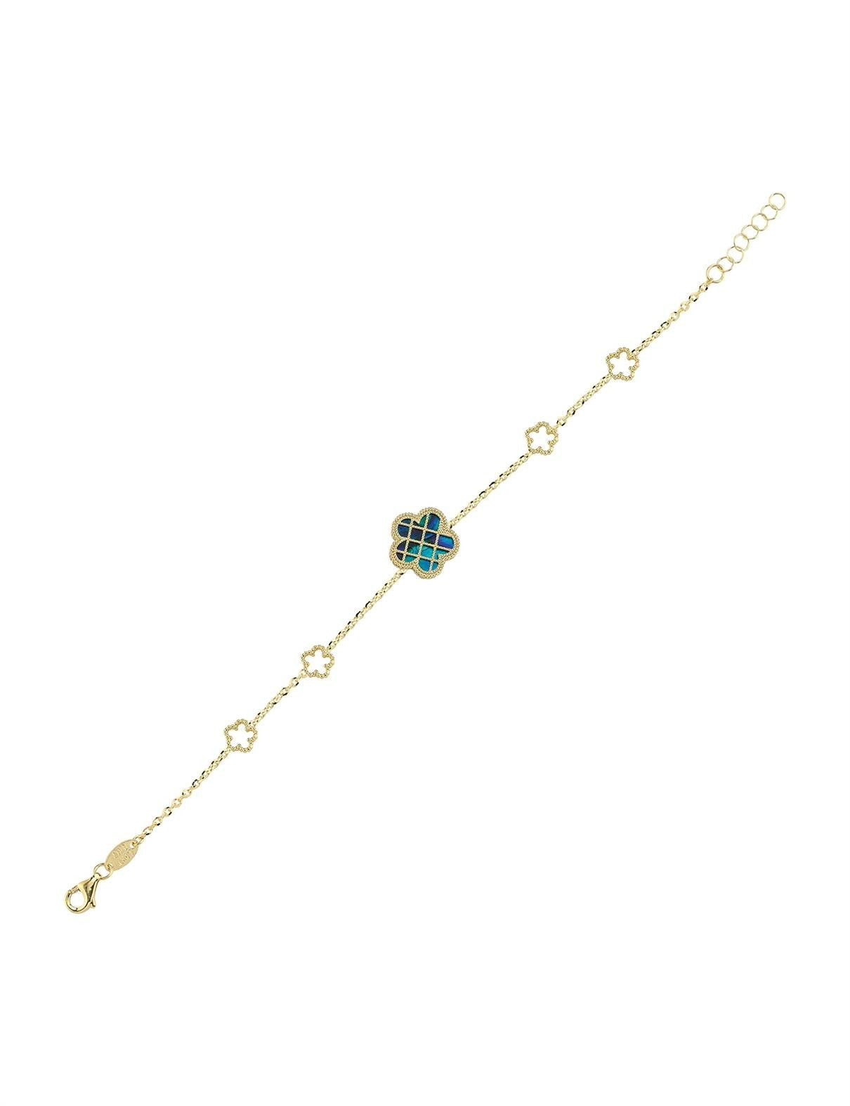 Çift Taraflı Mavi Beyaz Sedefli Kafesli Çiçek Altın Bileklik