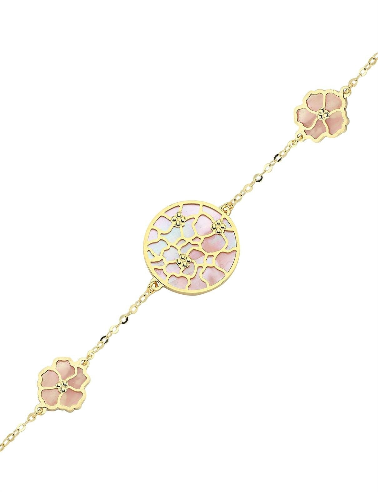 Çift Taraflı Pembe Beyaz Sedefli Altın Bileklik