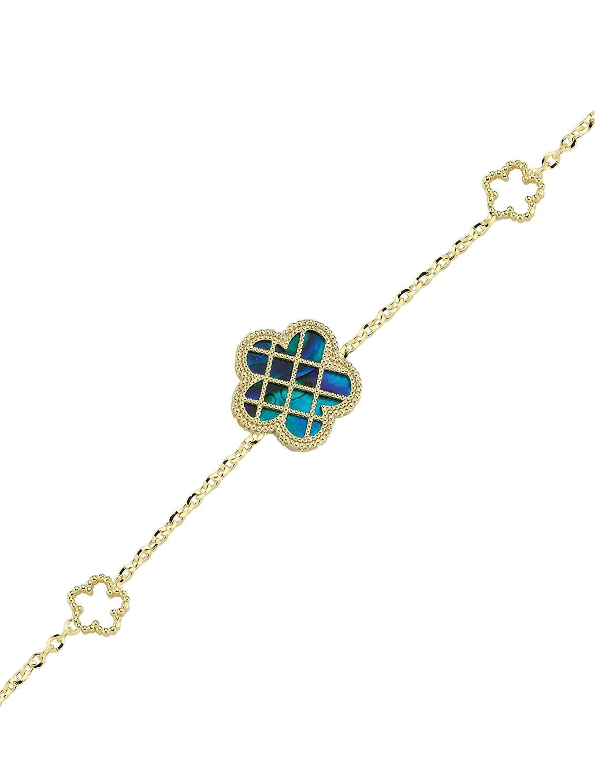 Çift Taraflı Mavi Beyaz Sedefli Kafesli Çiçek Altın Bileklik