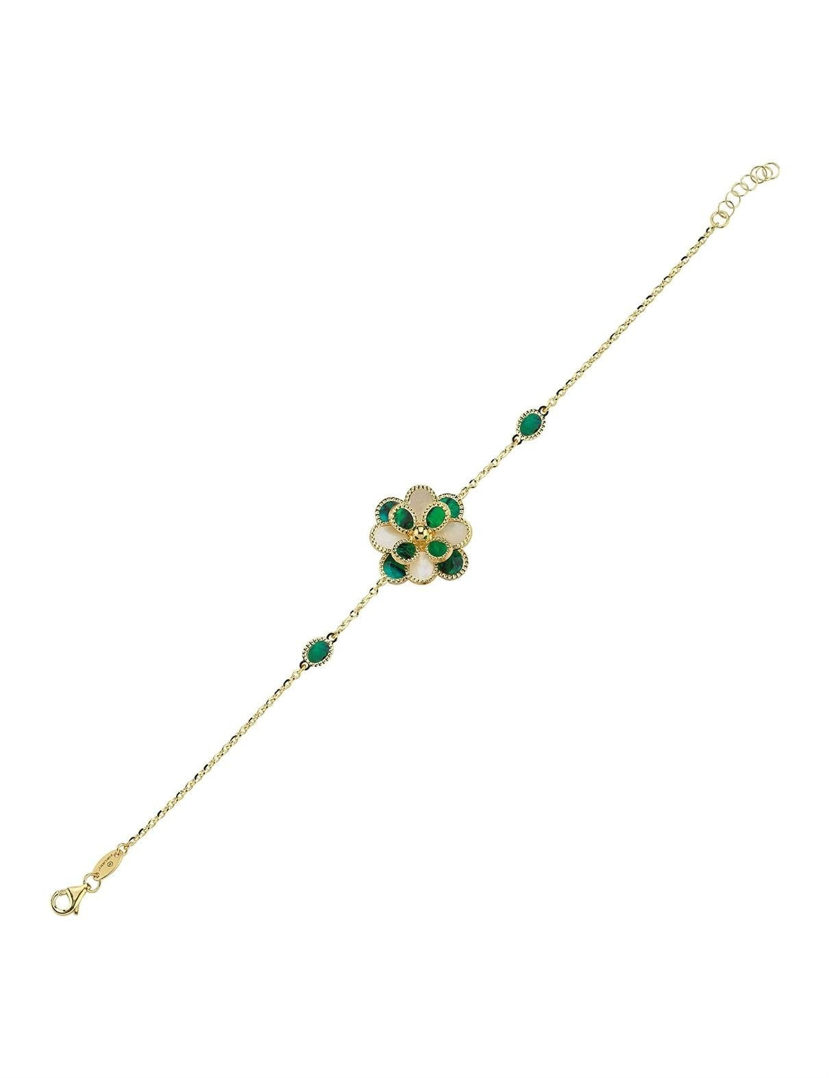 Yeşil Beyaz Sedefli Çiçek Altın Bileklik