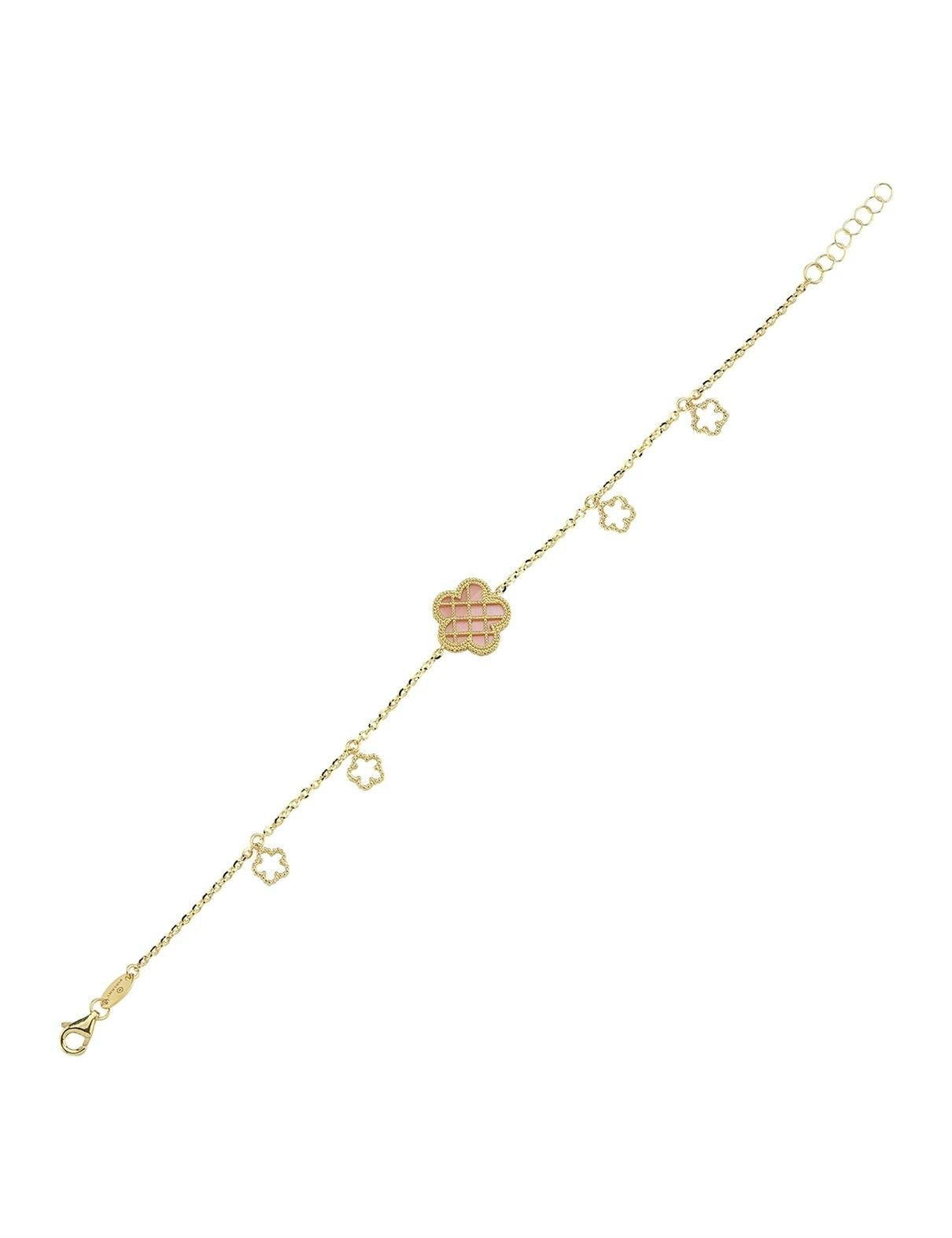 Çift Taraflı Pembe Beyaz Sedefli Kafesli Çiçek Altın Bileklik
