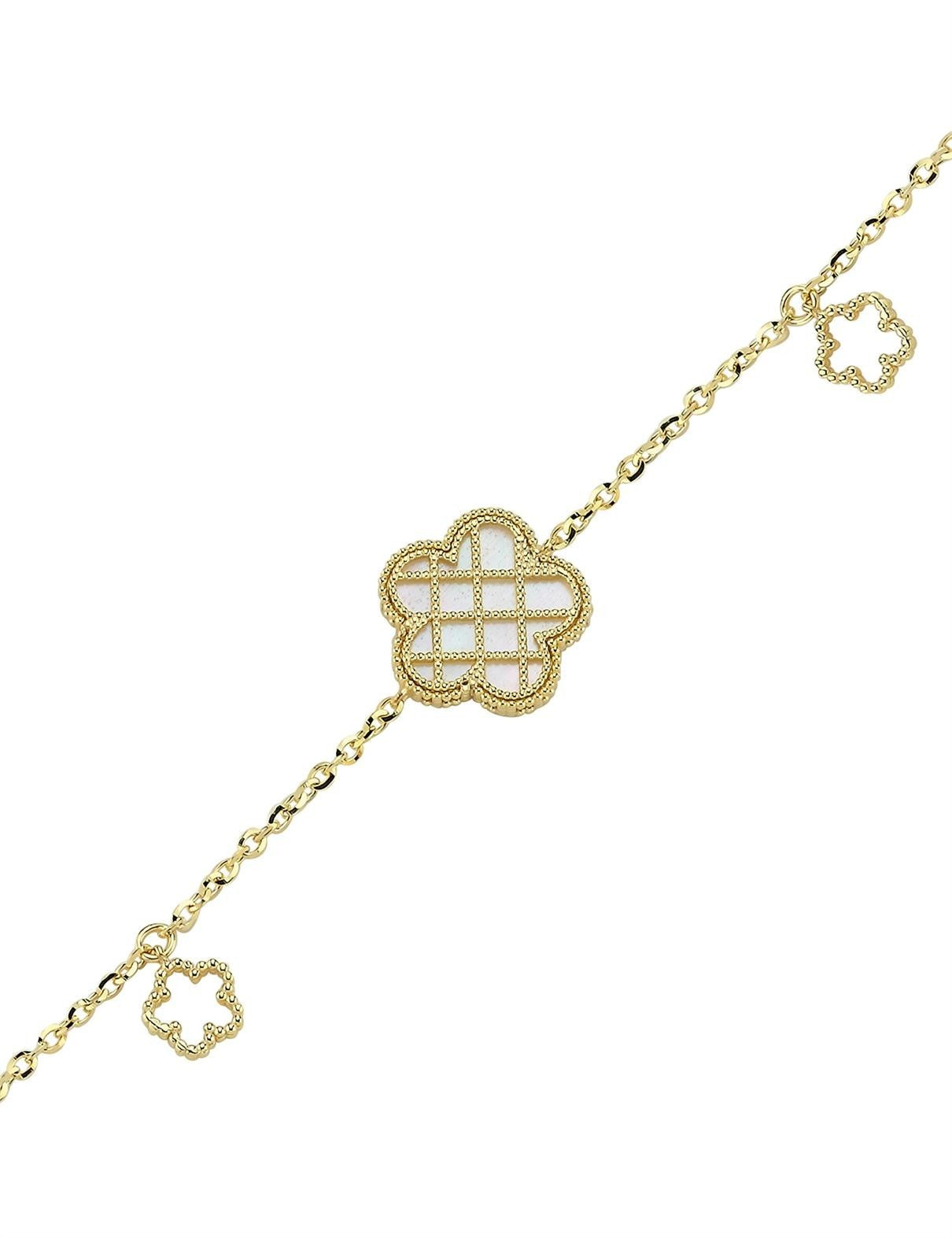 Çift Taraflı Pembe Beyaz Sedefli Kafesli Çiçek Altın Bileklik