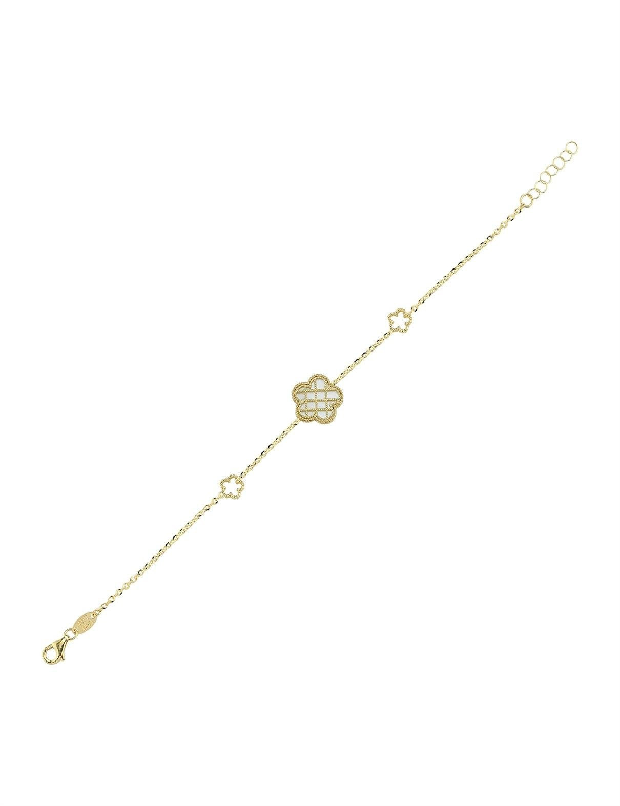 Çift Taraflı Yeşil Beyaz Sedef Kafesli Çiçek Altın Bileklik