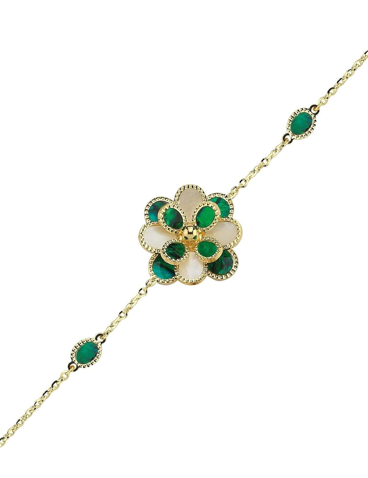 Yeşil Beyaz Sedefli Çiçek Altın Bileklik