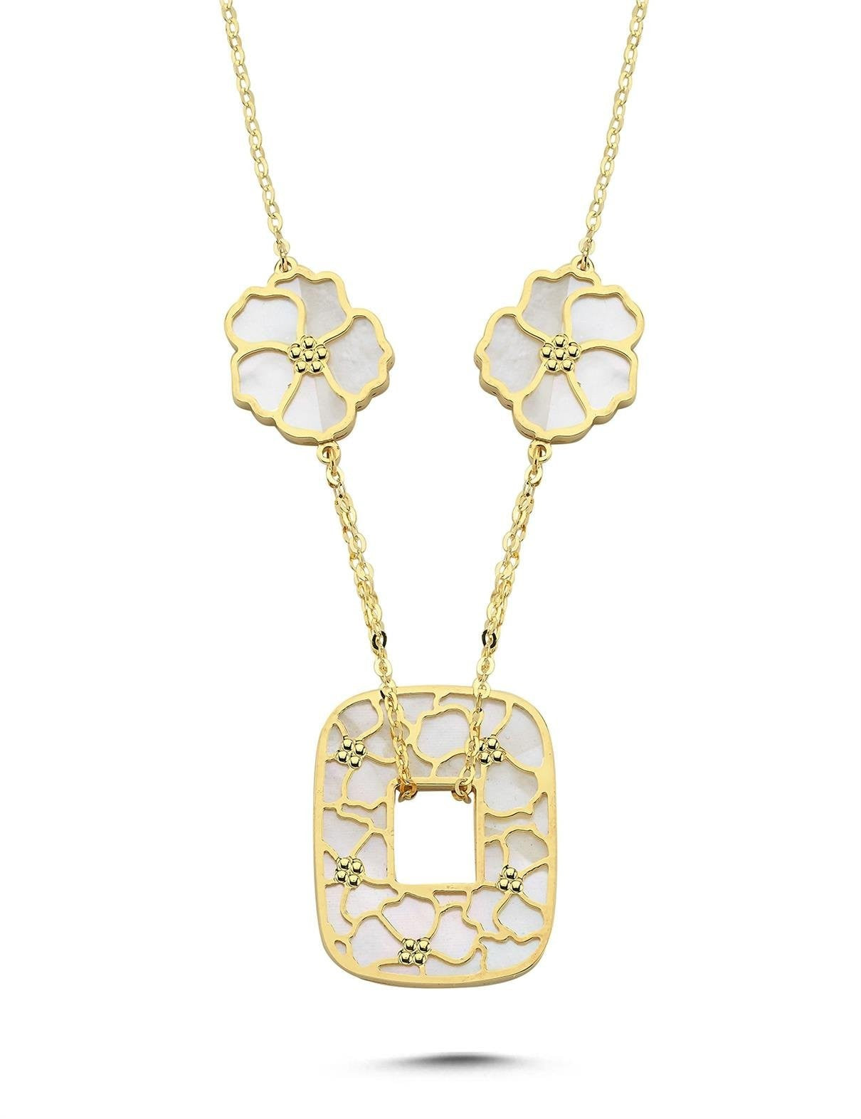 Çift Taraflı Beyaz Pembe Çiçekli Geometrik Altın Kolye