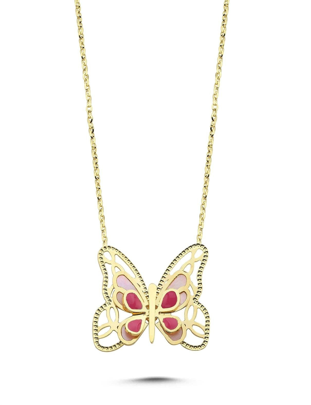 Sedefli Modern Kelebek Altın Kolye