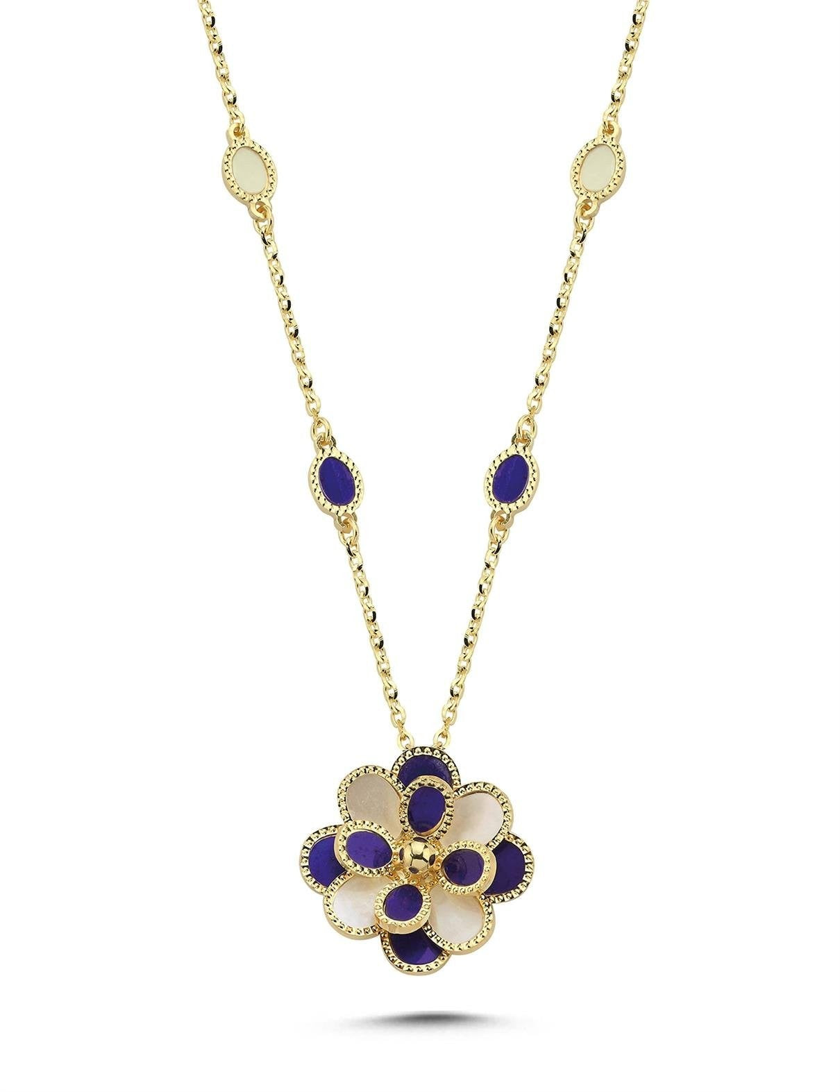Mavi Beyaz Sedefli Reelist Çiçek İtalyan Altın Kolye