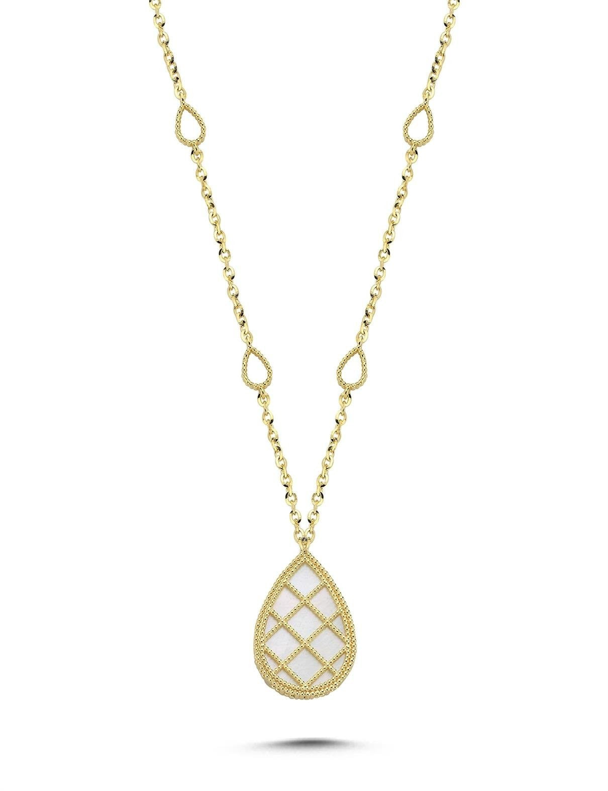 Çift Taraflı Mavi Beyaz Damla Kafesli Altın Kolye