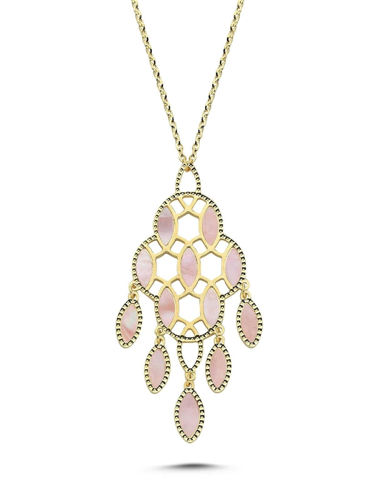 Çift Taraflı Pembe Beyaz Sedefli Tasarım İtalya Altın Kolye