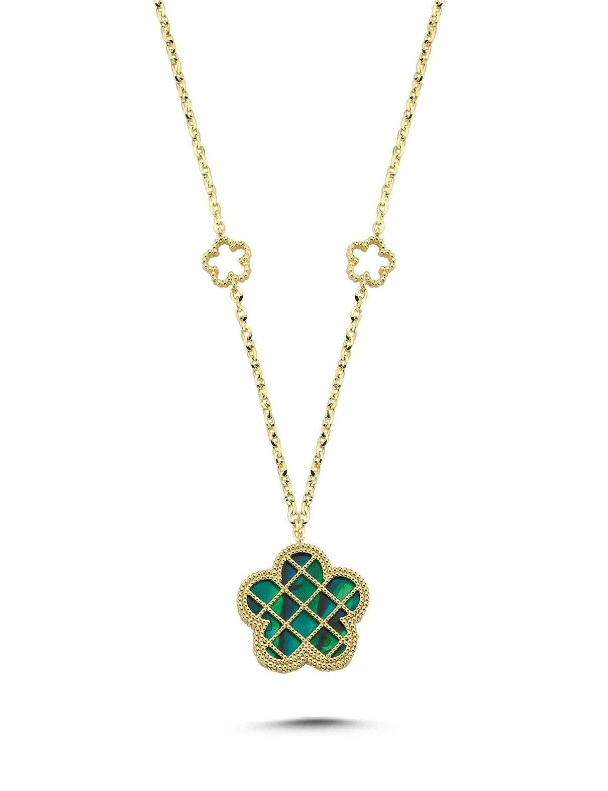 Çift Taraflı Yeşil Beyaz Sedefli Kafesli Çiçek Altın Kolye