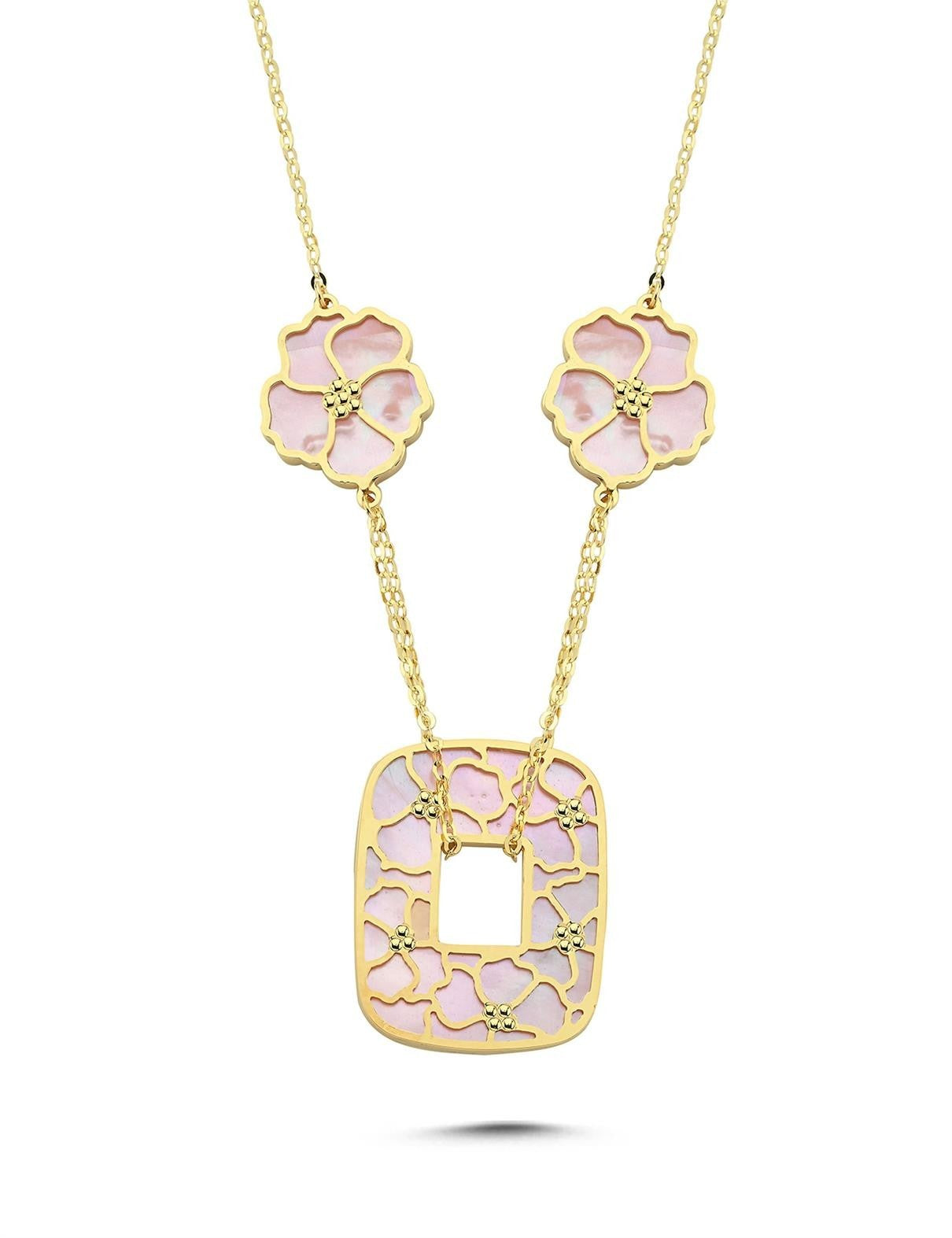 Çift Taraflı Beyaz Pembe Çiçekli Geometrik Altın Kolye