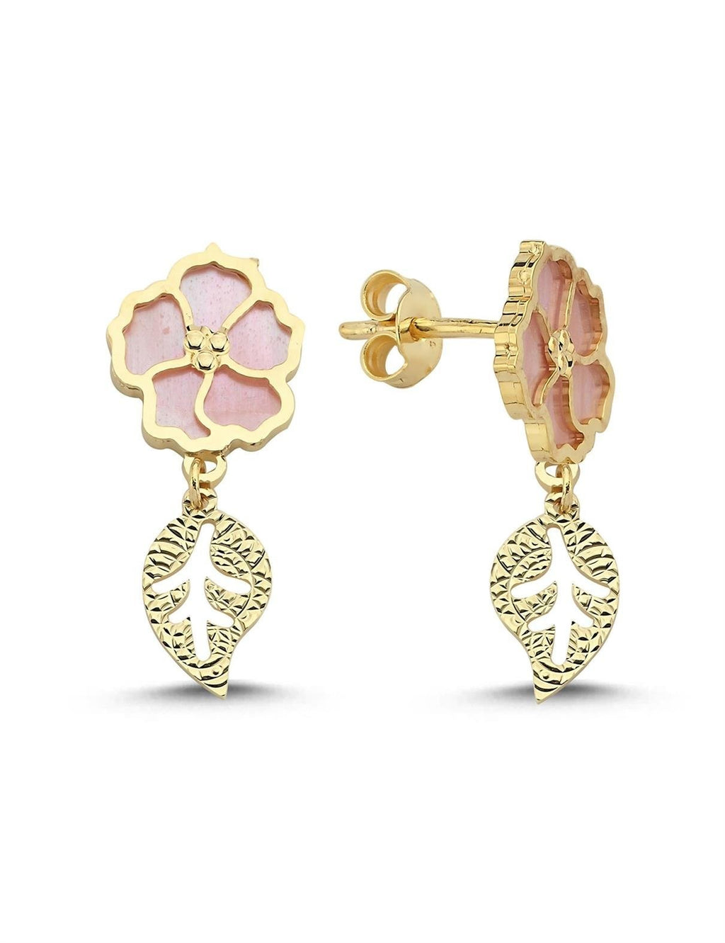 Pembe Sedefli Çiçek Sallanan Yaprak Altın Küpe