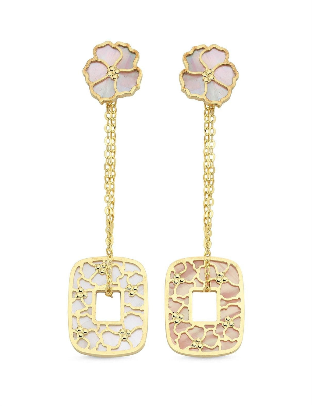 Sedefli Çiçek Geometrik Sarkan Altın Küpe