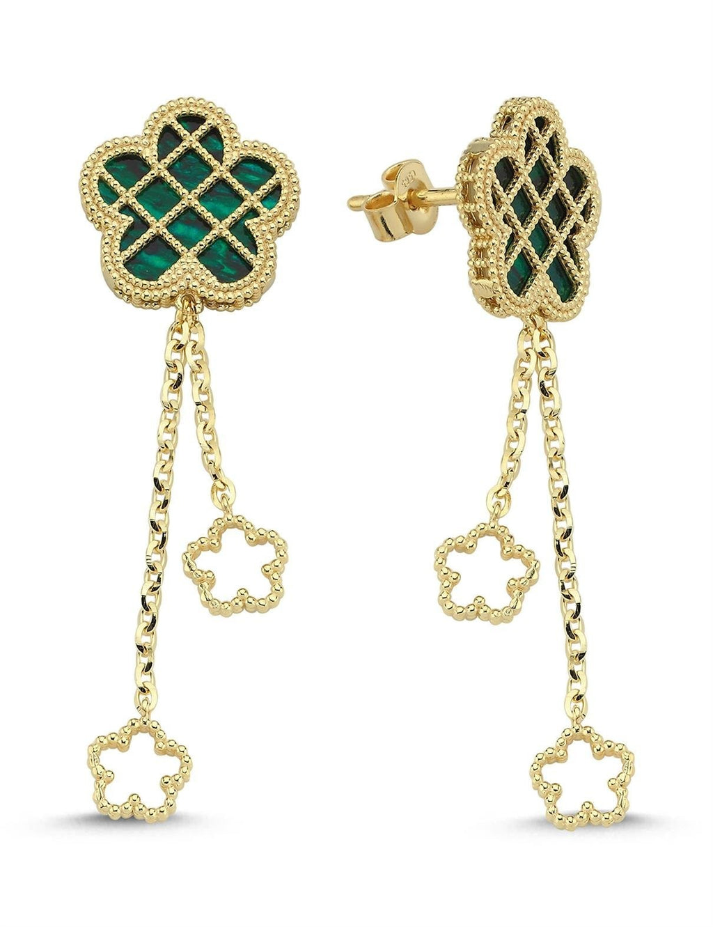 Yeşil Sedef Kafesli Çiçek Altın Küpe