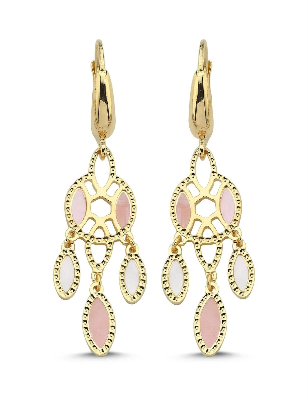 Beyaz ve Pembe Sedefli Sallanan Altın Küpe