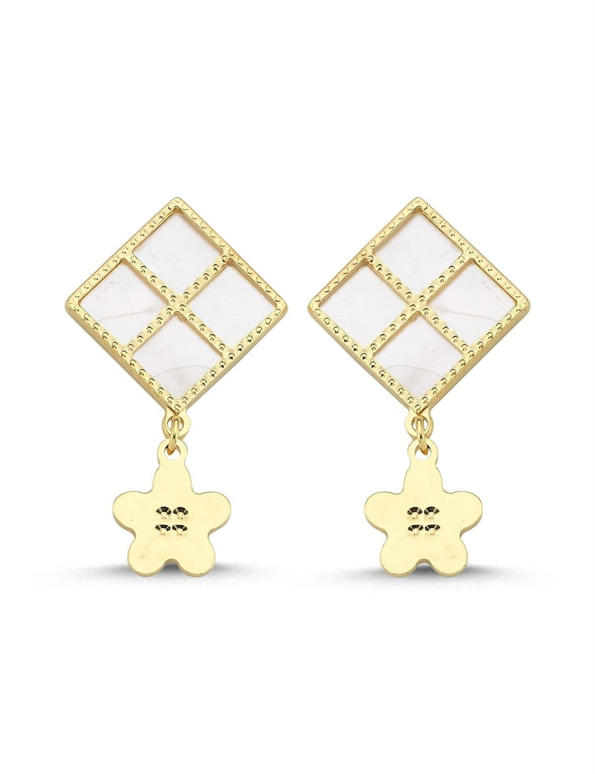 Pembe Sedefli Dörtgen Sallantı Çiçek Altın Küpe