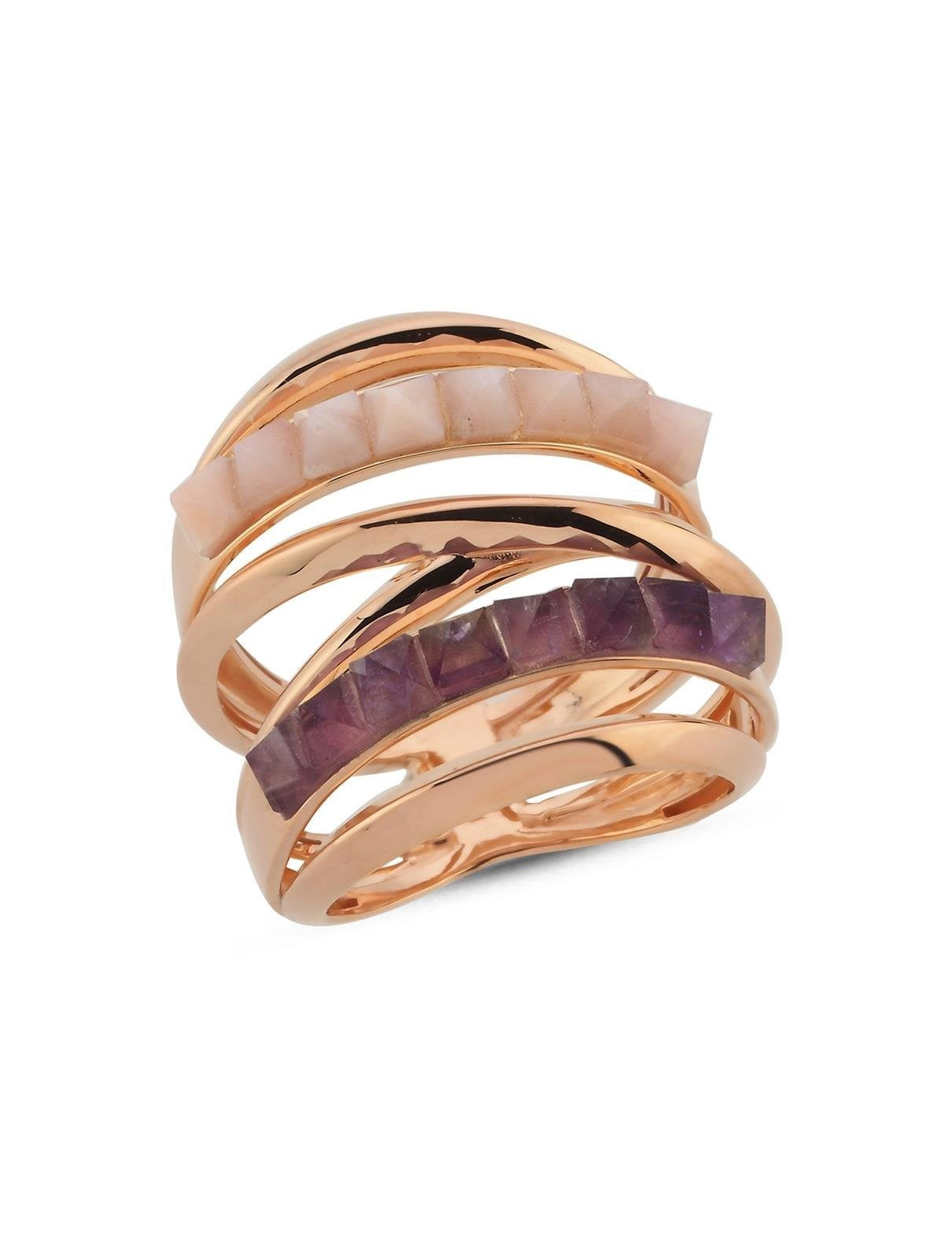 Mor ve Pembe Taşlı Rose Altın Yüzük