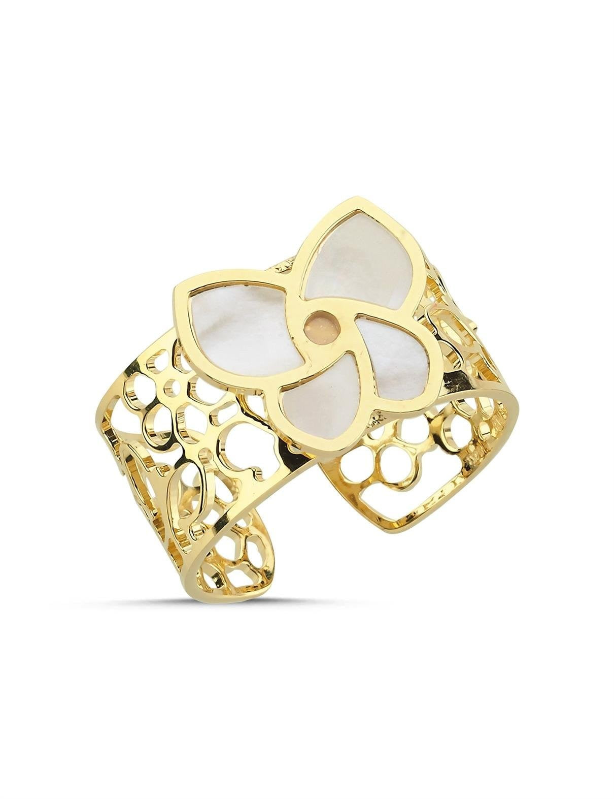 Sedefli Beyaz Çiçek İtalyan Altın Yüzük