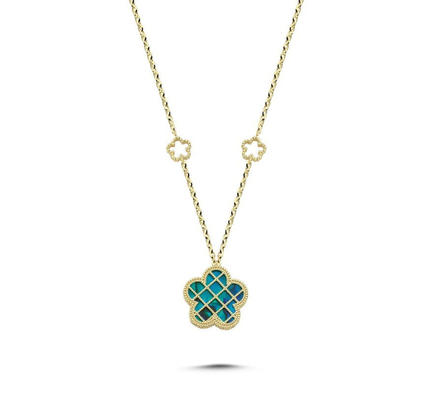 Çift Taraflı Mavi Beyaz Sedefli Kafesli Çiçek Altın Kolye