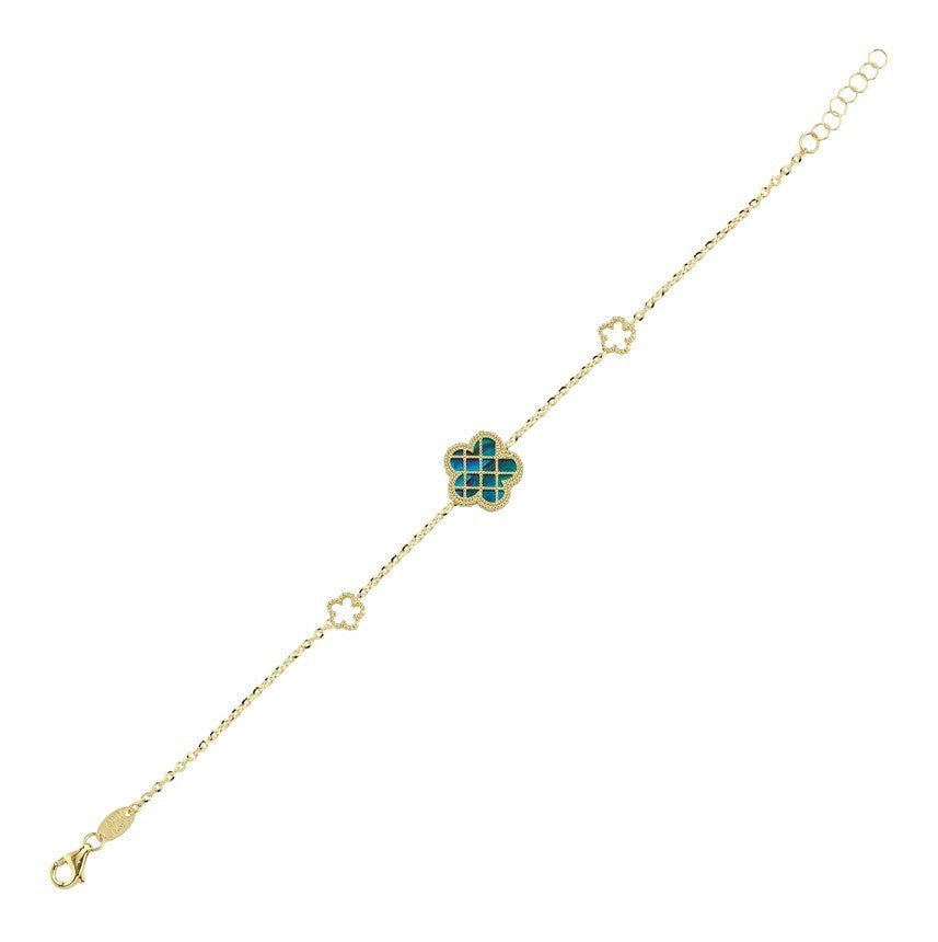 Çift Taraflı Mavi Beyaz Sedef Kafesli Çiçek Altın Bileklik