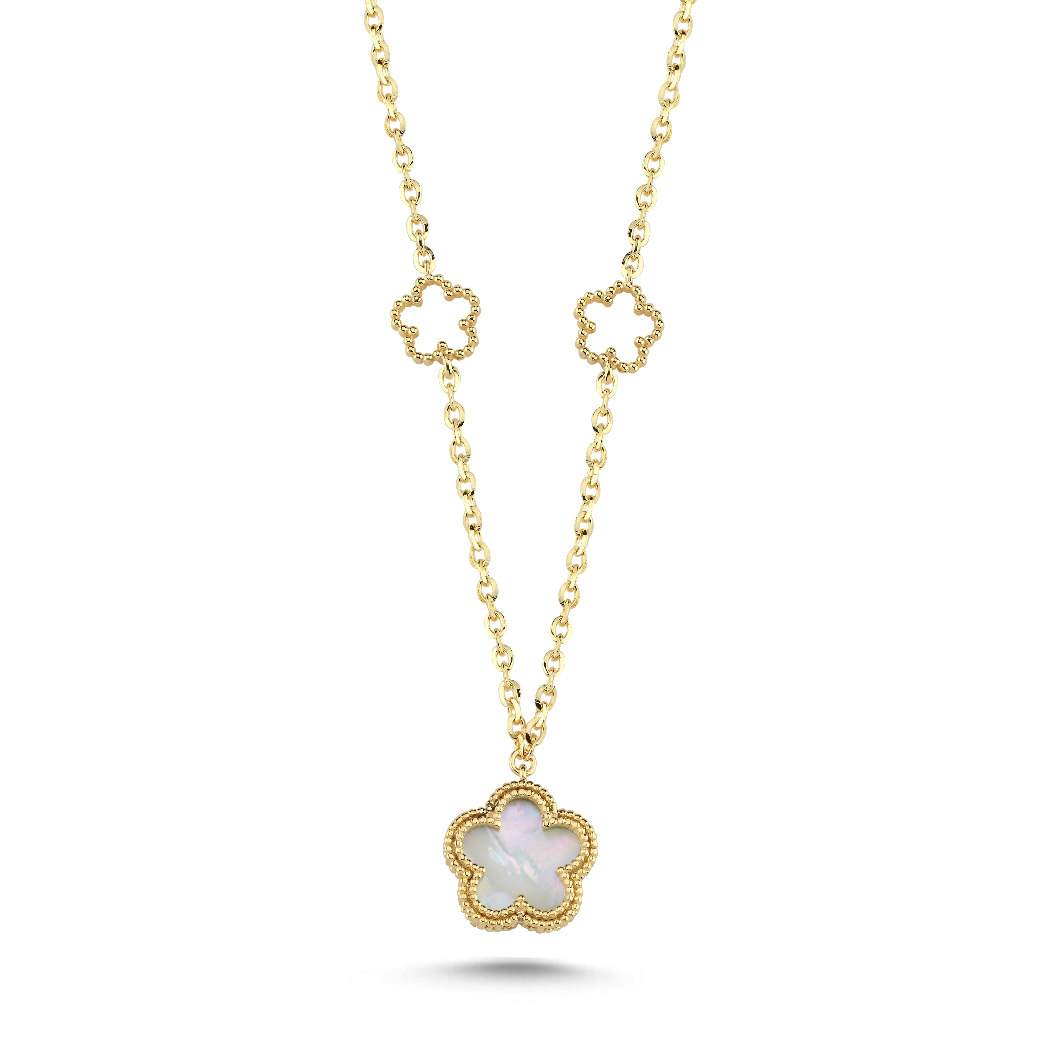 Çift Taraflı Pembe Beyaz Sedefli Çiçek Altın Kolye