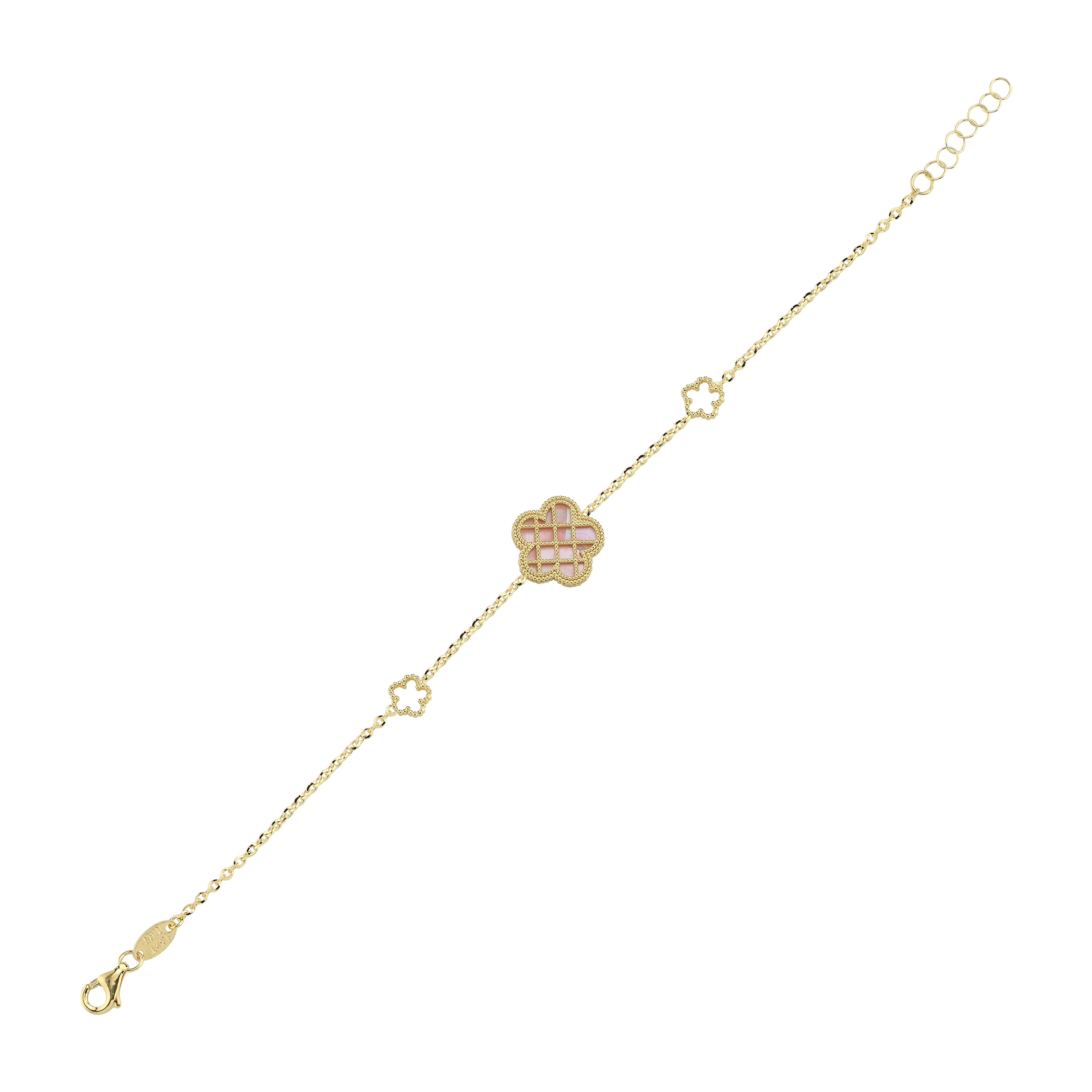 Çift Taraflı Pembe Beyaz Sedefli Çiçek Altın Bileklik