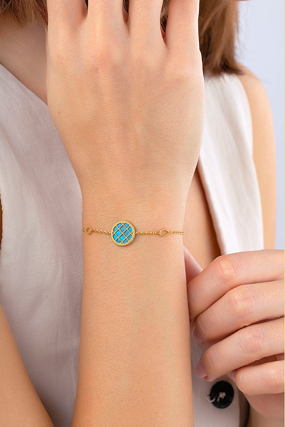 Çift Taraflı Mavi Beyaz Sedefli Altın Bileklik