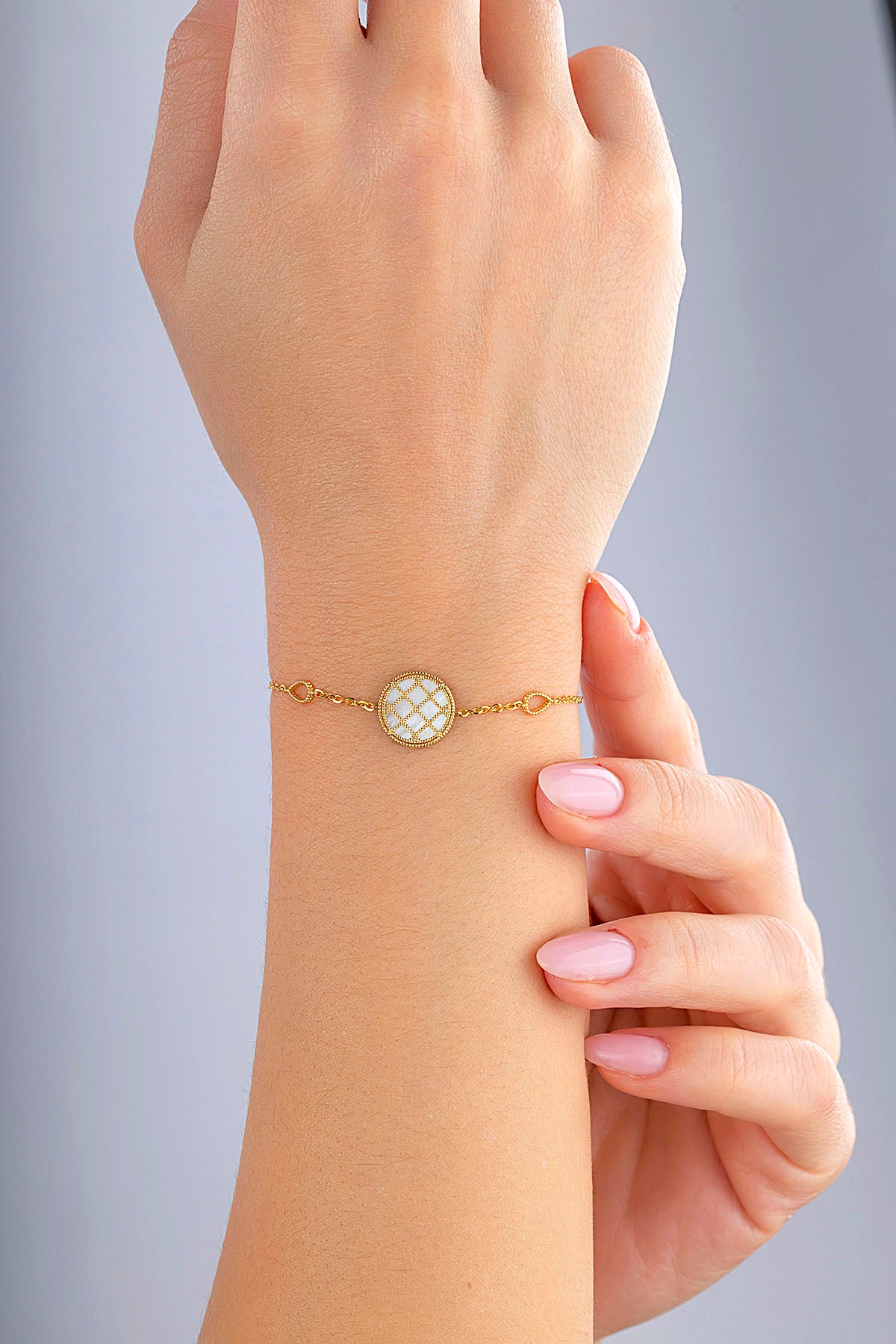 Çift Taraflı Mavi Beyaz Sedefli Altın Bileklik