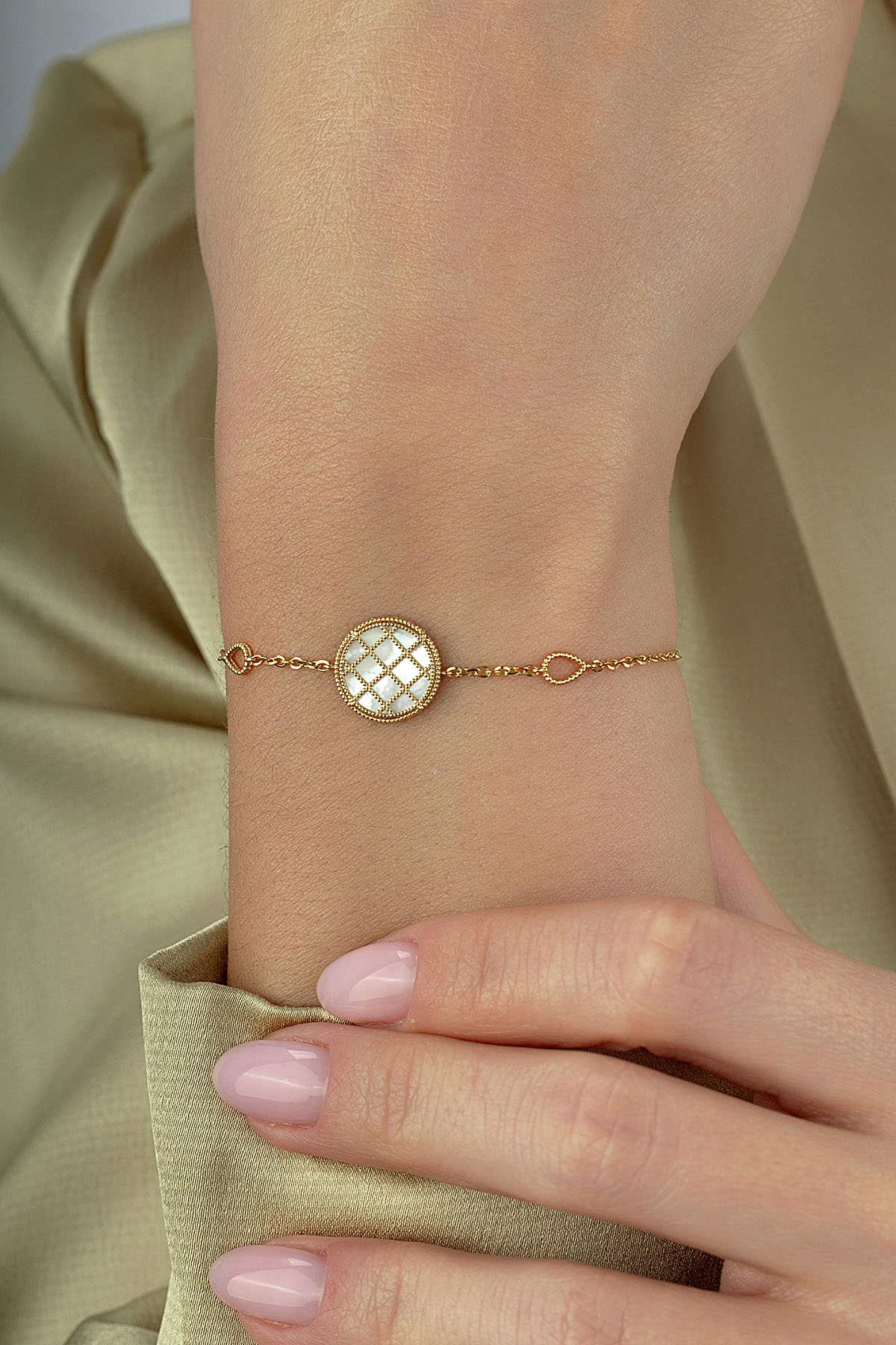 Çift Taraflı Gri Beyaz Sedefli Altın Bileklik Ürün ikincil görseli