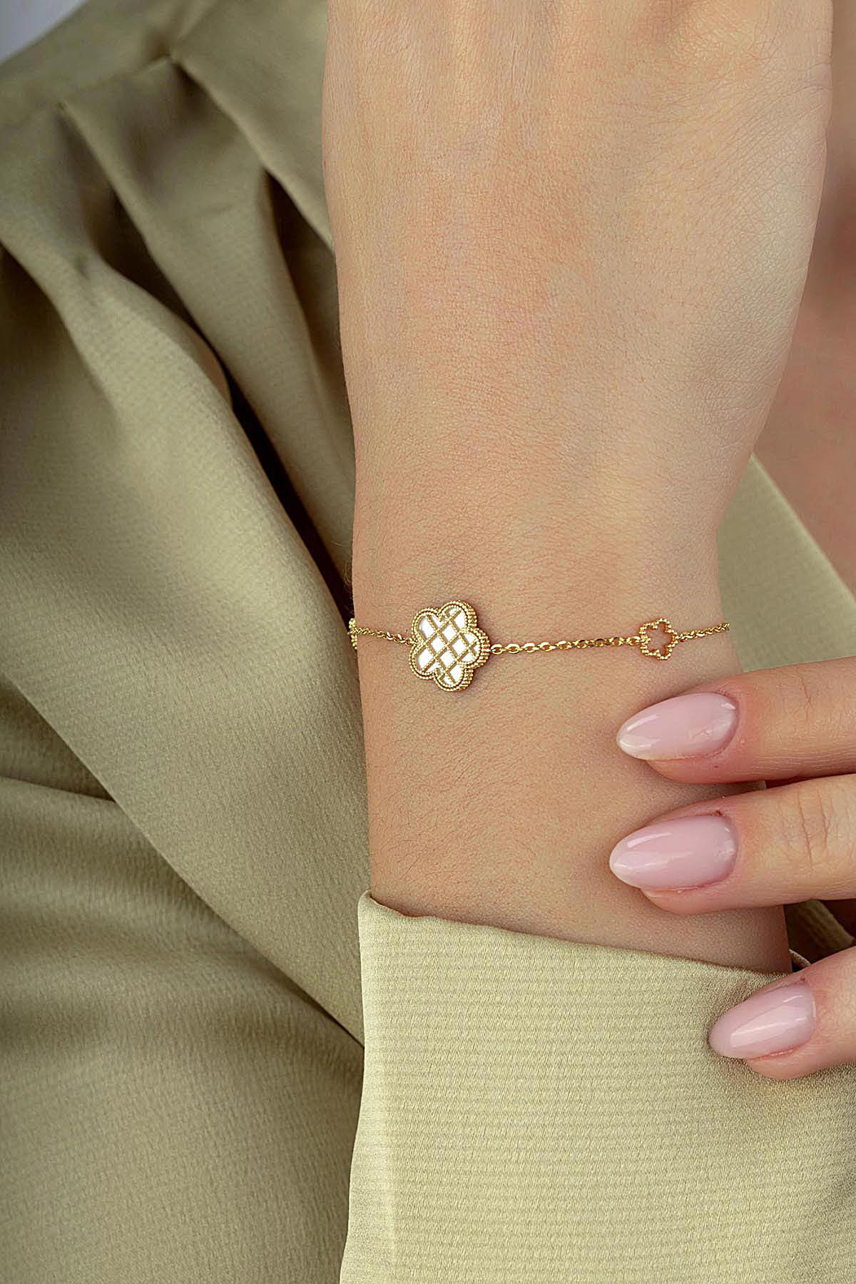 Çift Taraflı Gri Beyaz Sedefli Çiçek Altın Bileklik Ürün ikincil görseli