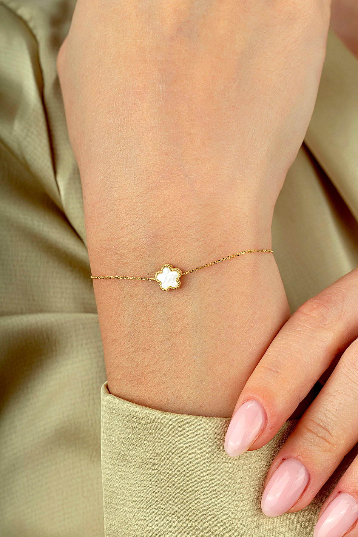 Çift Taraflı Pembe Sedefli Çiçek Altın Bileklik