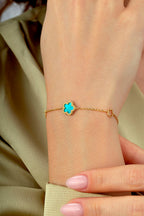 Çift Taraflı Turkuaz Beyaz Sedefli Çiçek Altın Bileklik