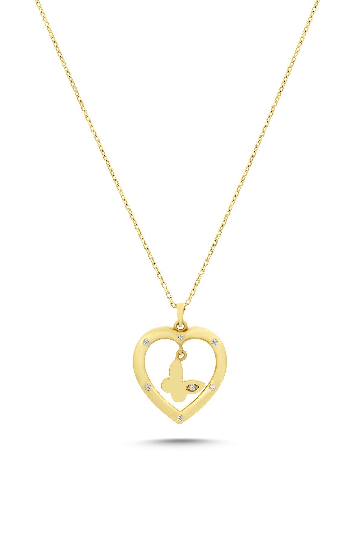 14 Ayar Zirkon Taşlı Kelebekli Kalp Altın Kolye