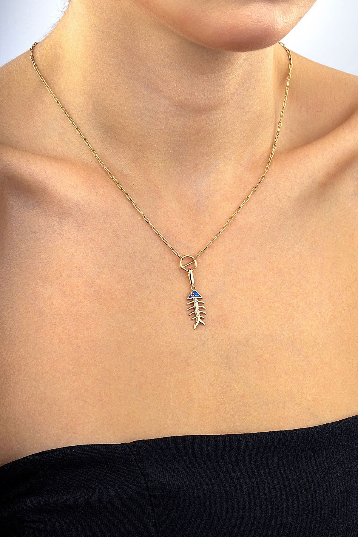 14 Ayar Taşlı Balık Kılçık Figürlü Altın Kolye Ürün ana görseli