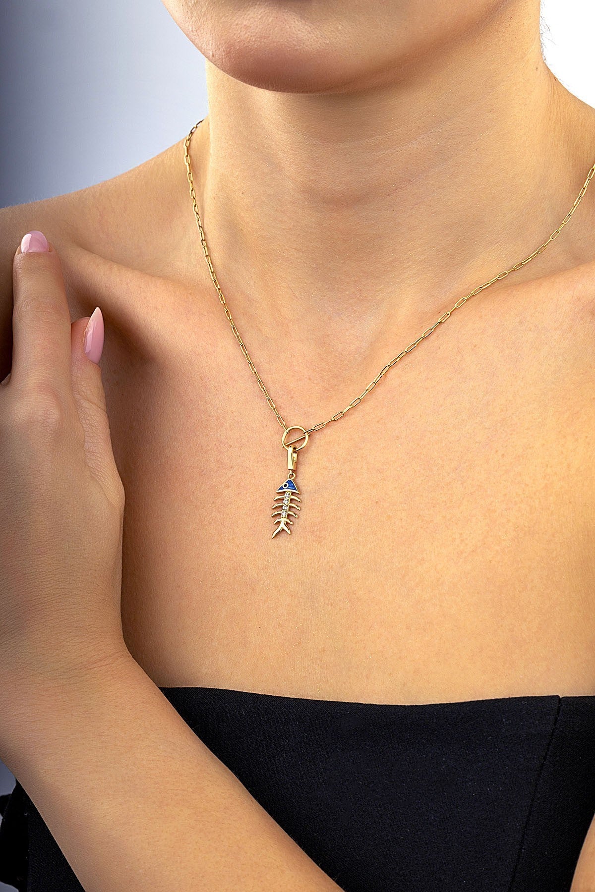 14 Ayar Taşlı Balık Kılçık Figürlü Altın Kolye