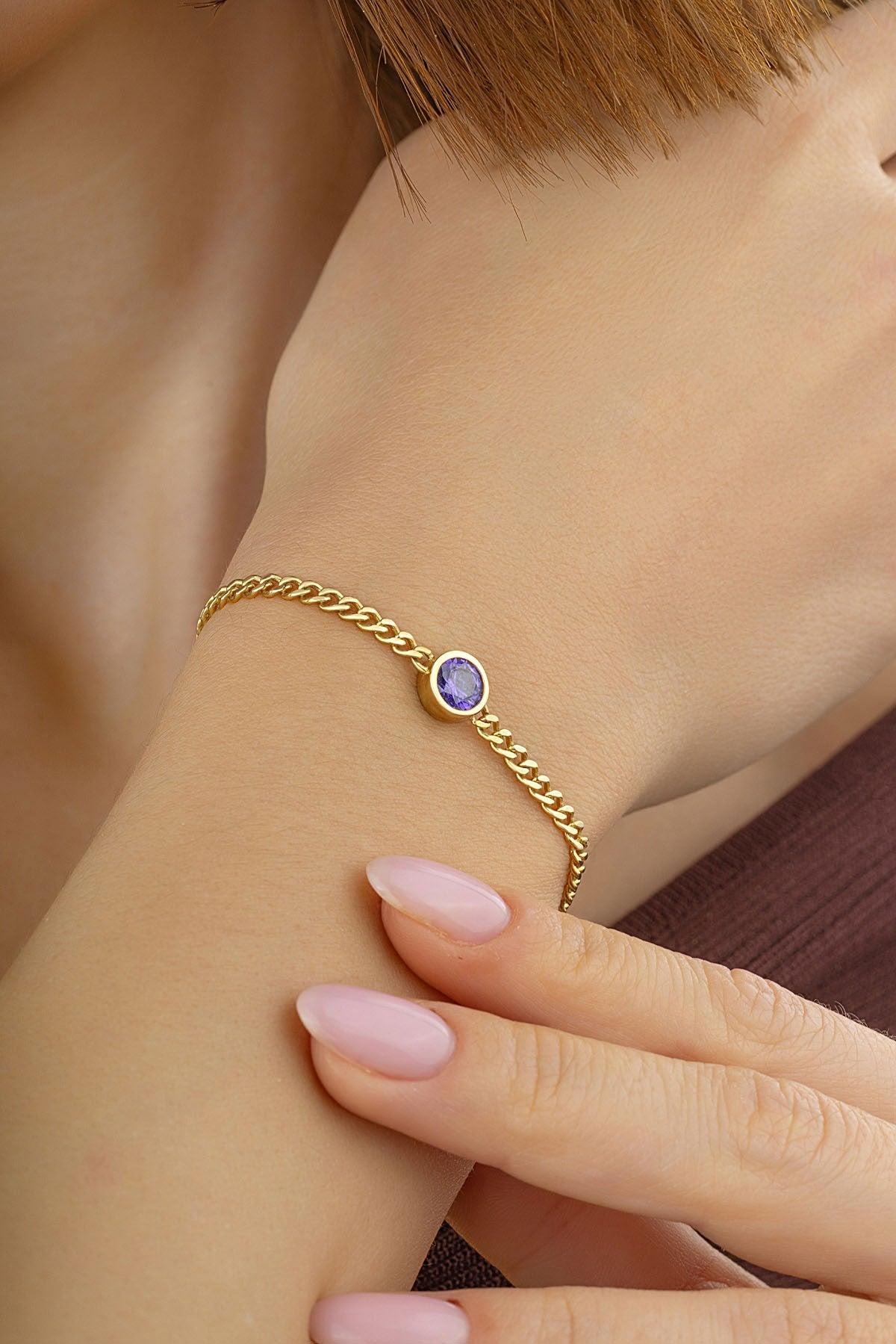 14 Ayar Mor Taşlı İtalyan Zincir Altın Bileklik Ürün ikincil görseli
