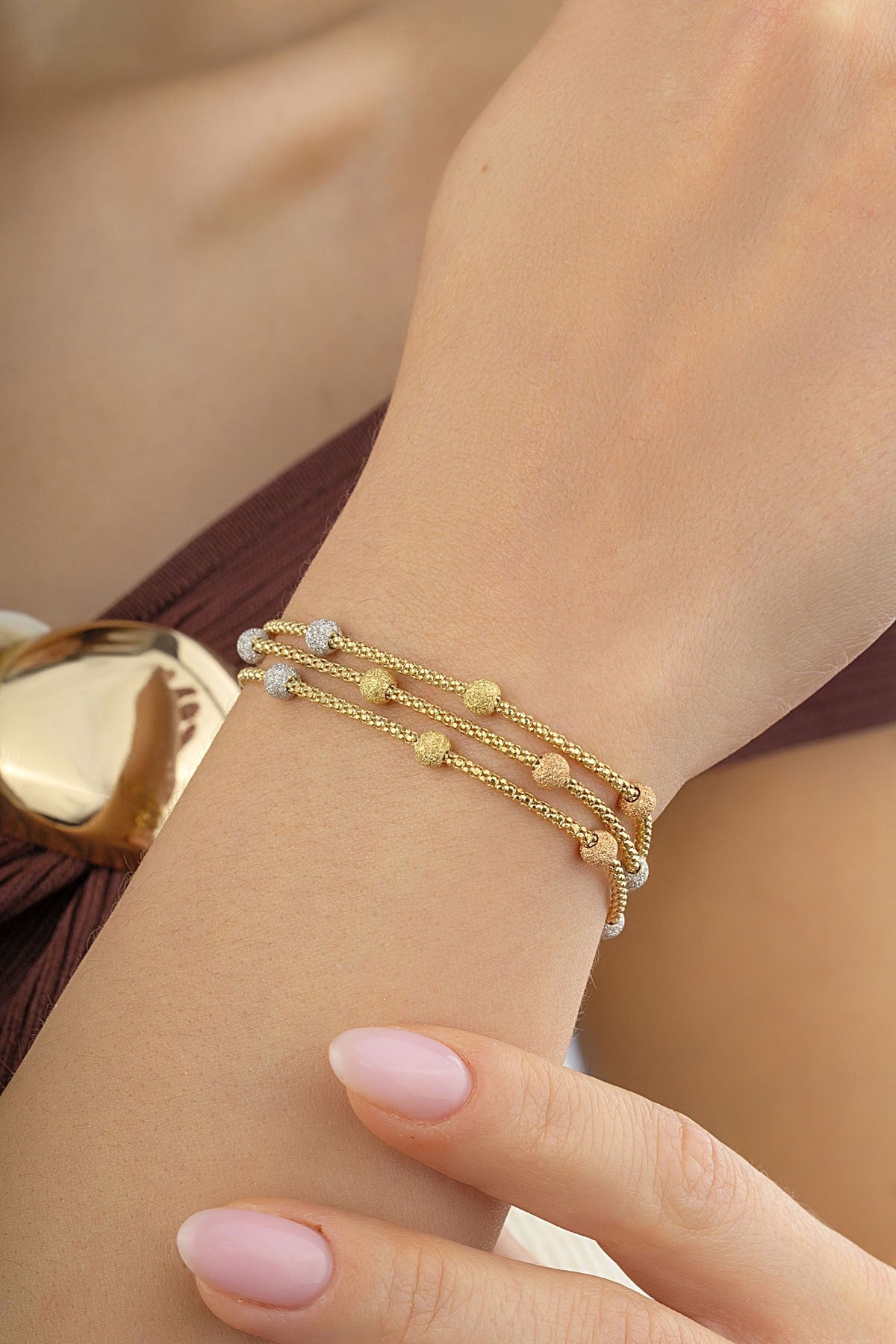 14 Ayar Üçlü Boncuk Tasarımlı Altın Bileklik Ürün ikincil görseli