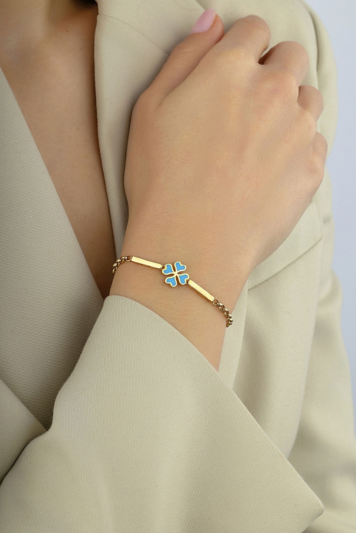 14 Ayar Altın Turkuaz 4 Yapraklı Yonca Bileklik