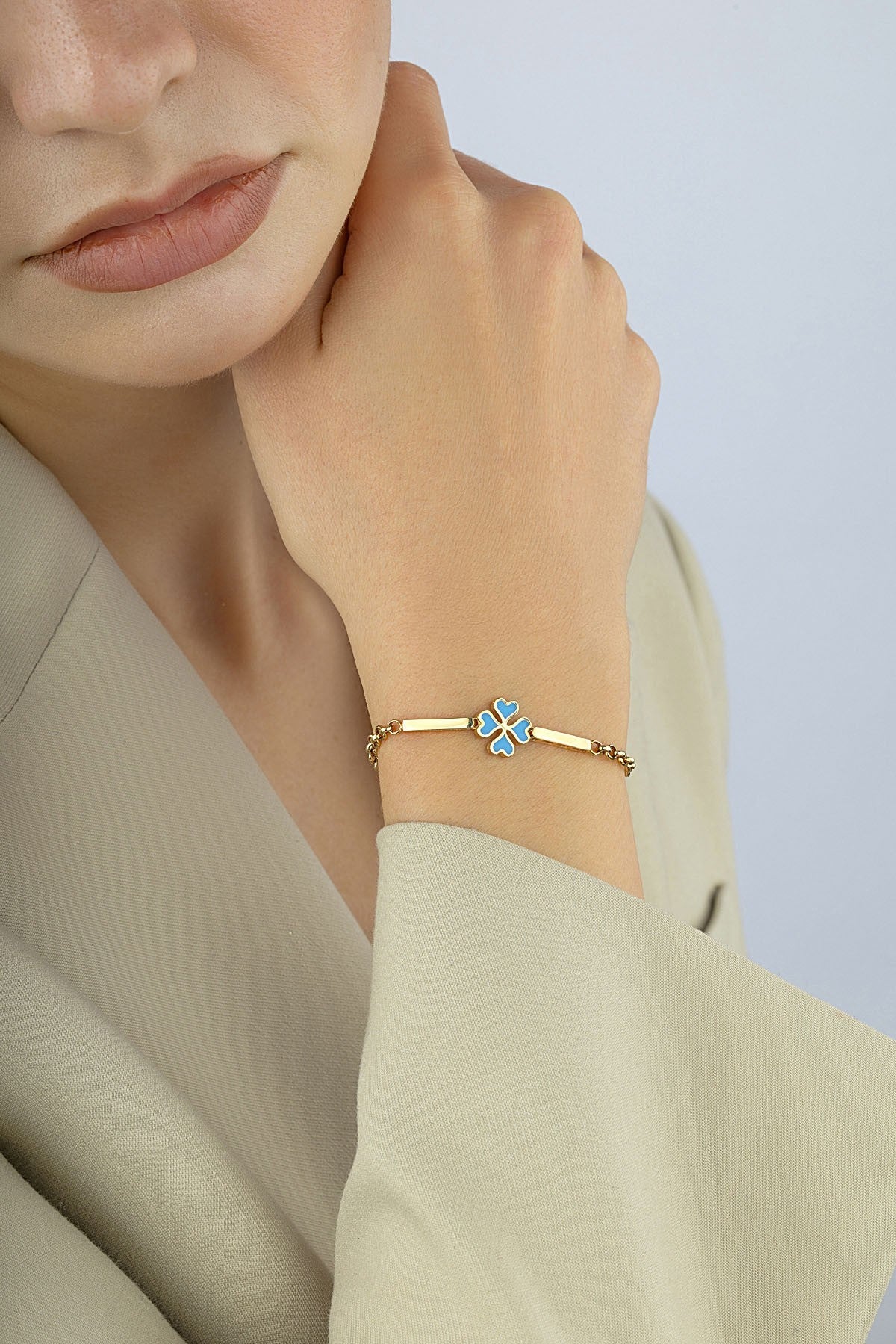 14 Ayar Altın Turkuaz 4 Yapraklı Yonca Bileklik