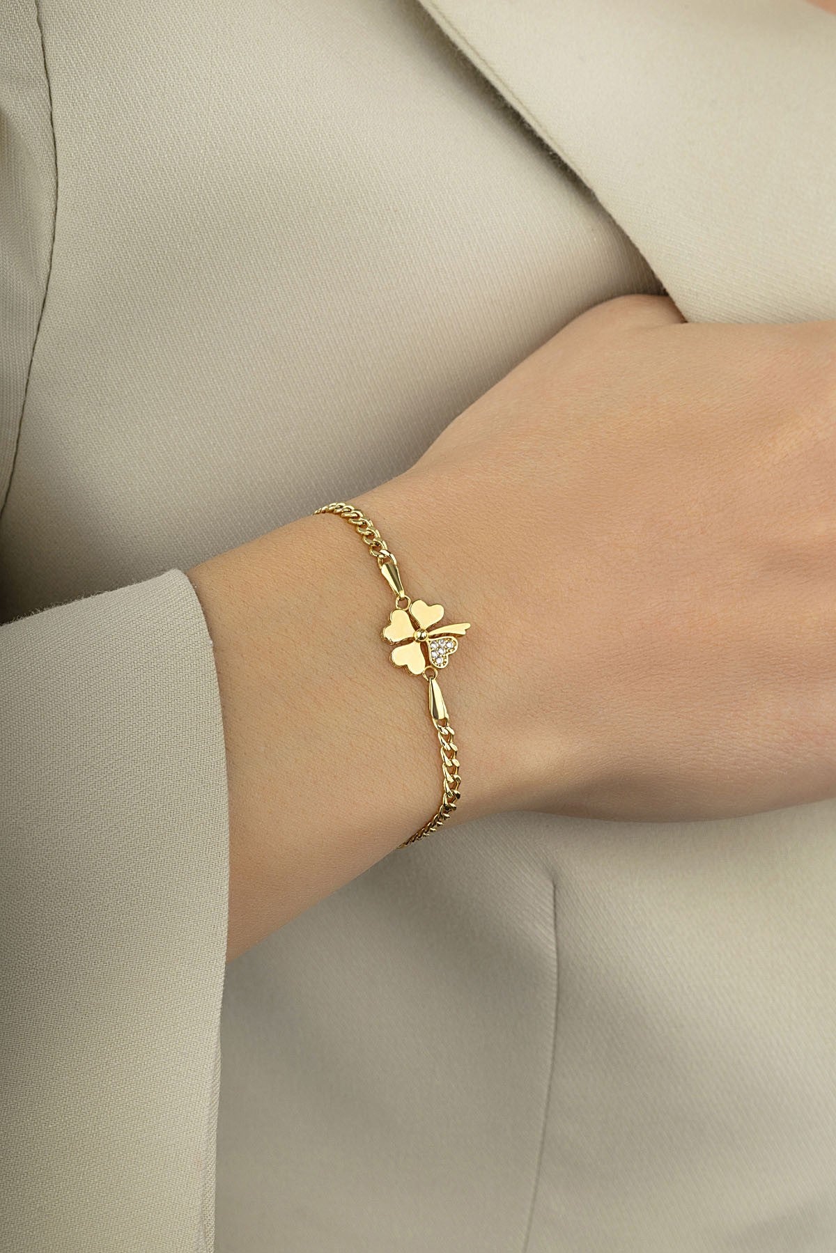 14 Ayar Taşlı Yonca Altın Bileklik