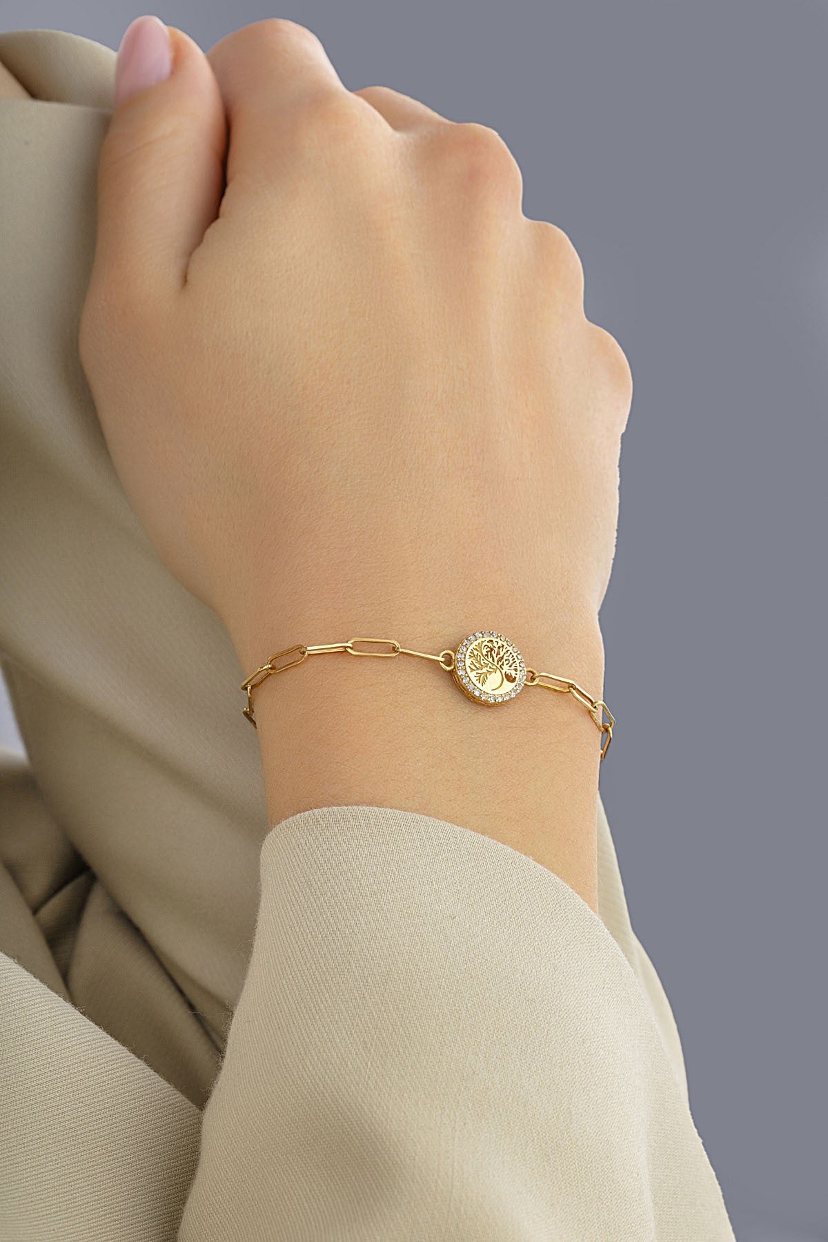 14 Ayar Yaşam Ağacı Ataç Altın Bileklik Ürün ikincil görseli
