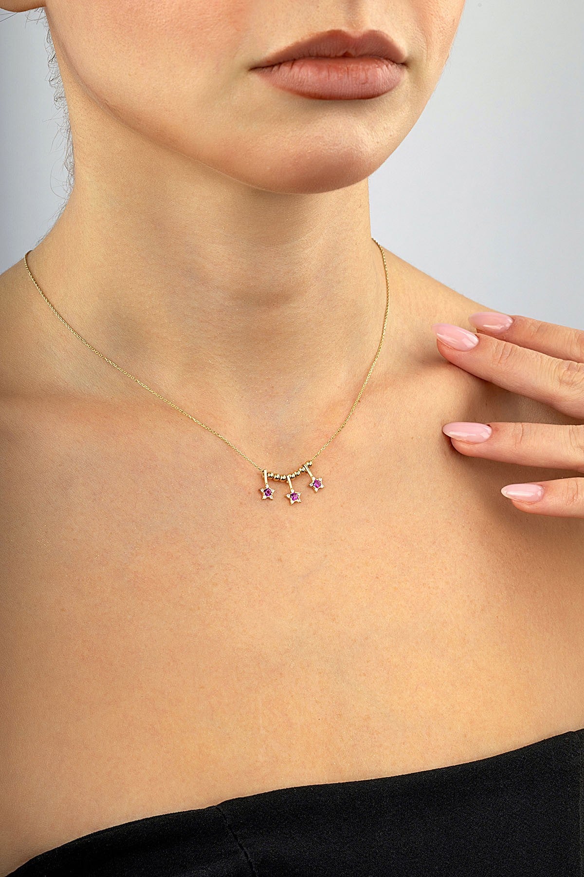 14 Ayar 3 Yıldızlı Mor Taşlı Altın Kolye