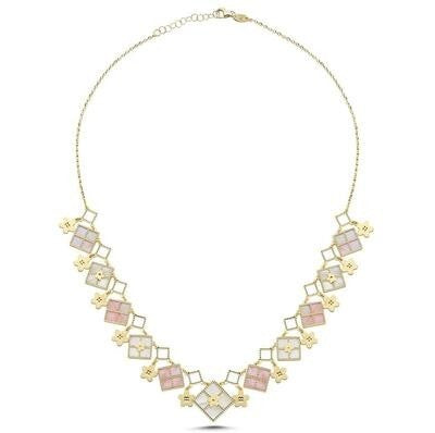 Beyaz Pembe Sedefli Dörtgen Şekilli İtalyan Altın Kolye