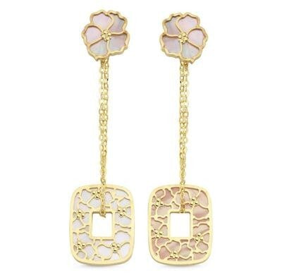 Sedefli Çiçek Geometrik Sarkan Altın Küpe