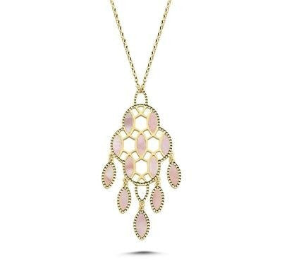 Çift Taraflı Pembe Beyaz Sedefli Tasarım İtalya Altın Kolye