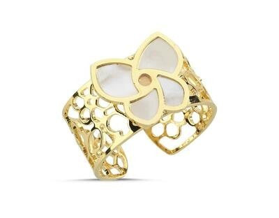 Sedefli Beyaz Çiçek İtalyan Altın Yüzük